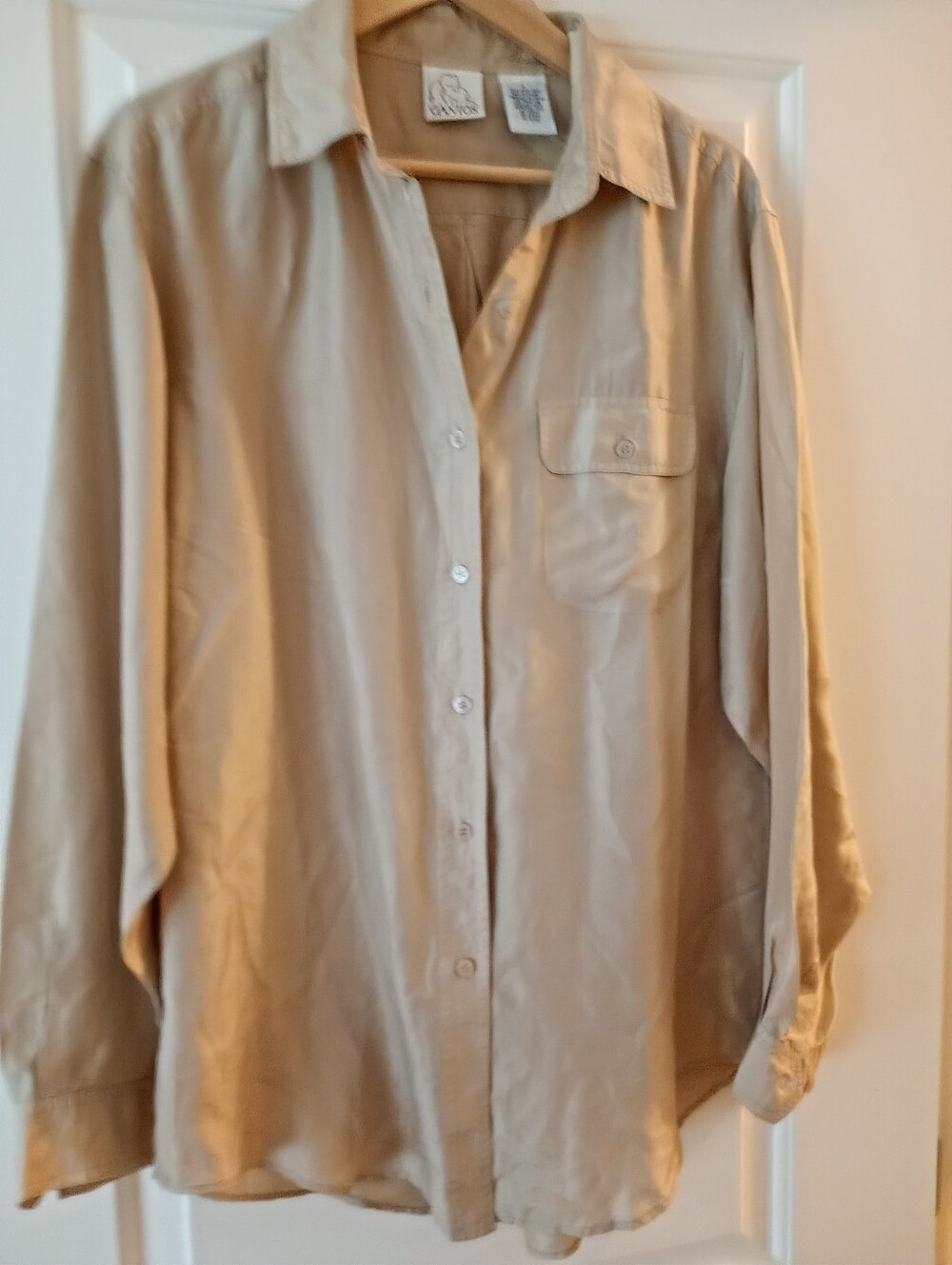 Gantos ~Silk Tan Button-Down Shirt with Chest Pocket (L)